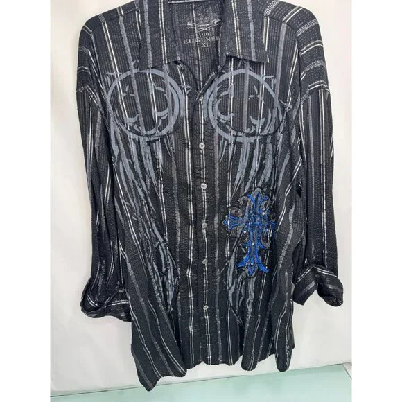 VTG Men Shirt Y2K Semi Sheer Metallic Embroidered Cross 3/4 Sleeve Bling Goth XL - Picture 2 of 8